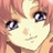 Pixelated anime-style character face with light brown hair and purple eyes, next to black background with white text.