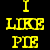 Yellow pixelated text on black background reads 'I LIKE PIE' in three stacked lines with visible dithering and blocky rendering.