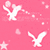 Pixelated white shapes on a pink background include two winged figures, a star, and scattered dots.