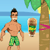 Pixelated beach scene with shirtless man in green shorts standing on sand, palm tree with pink band, and tropical drink on right.