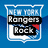 Four variations of a New York Rangers shield logo with overlaid text, displayed on a blue background with mountain silhouettes.