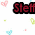 Pixelated image with red text 'Steff' on black background, surrounded by pink and blue heart shapes.