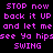 Pixelated text in bright pink on black background with white rectangular overlays, displaying repeated phrases and partial words.