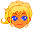 Pixelated cartoon head with blonde hair, blue eyes, and orange skin showing three distinct facial expressions against a gray background.