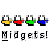 Pixelated character icons with colored bases and white tops arranged in above repeated text