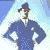 Pixelated character in blue suit with white shirt and dark tie, standing with hands on hips against light blue gradient background, transitioning through multiple poses.