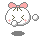 Pixelated cartoon character with pink bow, closed eyes, and blush marks on cheeks; two versions show bubble position change.