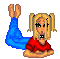 Pixel art of a blonde girl in a red top and blue pants with legs raised, surrounded by colored stars in a of