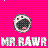 Pixelated icon with pink background, circular character face showing open mouth and eyes, gray text reading 'MR. RAWR' below.