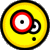 A yellow circular icon with a red and white target-like eye, black outline, small black dot mouth, and curved white shape on right side against gray background; green text 'Original Icons .com' appears on dark green to the right