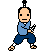 Pixel art character in blue top and dark blue pants with four distinct poses showing weapon handling and motion trails.
