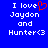 Blue background with white pixelated text reading "I love Jaydon and Hunter<3" on both sides, one side featuring a red heart symbol replacing the word 'love'.