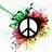 Animated peace symbol surrounded by colorful paint splatters on white background.