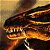 A pixelated close-up of a creature's head with sharp teeth, glowing eyes, and a dark, textured body against a muted brown background.