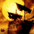 A pixelated image shows a dark ship silhouette against a bright yellow-orange gradient background with two masts and sails.