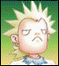 Four pixelated character portraits with closed eyes and downturned mouths, each in a different color scheme against solid backgrounds.