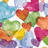 Pixelated heart-shaped icons in multiple colors including red, pink, green, yellow, orange, and purple against a white background.