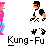 Pixelated animation of two figures: one in black-and-white martial arts uniform kicking, another in pink top and blue pants reacting with raised hands.