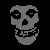 A contact sheet of 19 animated frames showing a pixelated skull mascot with the text "MISFIST" and "SPEAKERS" in stylized white lettering over a black background, arranged in a 5x4 grid with one empty cell.