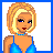 Pixel art contact sheet of a beach-themed animated icon showing nine frames with a blonde woman in blue bikini holding a beach ball, displaying different poses and text variations.
