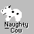 Pixelated cow icon with black spots and brown tail, labeled "Naughty_Cow" below each frame.