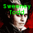Pixelated image of a person with light hair and red eyes, wearing a dark top with a red collar, overlaid with green text.