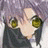 Anime-style character with purple hair and green eyes, wearing dark clothing, next to black background with white text.