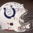 White football helmet with blue horseshoe logo, red accents on face mask and chin strap, visible text overlays in top-left and top-right