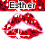 Red lips with white highlights and small white crosses on a white background, with 'Esther' text above in black pixelated font on red patterned banner.