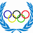 Olympic rings with blue laurel wreath on white background, red medal ribbons with silver and gold medals below.