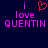 Pixelated text and symbols on dark blue background: 'i' above red heart, then 'love', then 'QUENTIN' in pink.