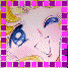 Pixelated anime-style face with blue eyes and blonde hair, bordered by alternating pink and purple squares.