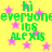 Yellow background with pink stars and green text repeating 'hi everyone its ALEXIS' in a pixelated style.