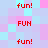 pixelated text 'fun!' and 'FUN' in red on a pastel checkered background of light blue, pink, and lavender squares