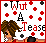 Pixel art of a woman with brown curly hair lying down, surrounded by red and black spade symbols on white background.