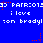 Blue background with repeated white text 'GO PATRIOTS' and 'i love tom brady!' across two , scattered red and purple star-like pixels