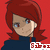 Pixelated character with red hair and blue eyes in two poses against red background, wearing dark blue top with white and red graphic.