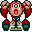 Pixel art character in red and white outfit riding a vehicle, showing multiple poses including front-facing, side views, and back view with varied facial expressions.