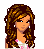 Pixel art contact sheet showing three frames of an animated icon featuring a female character with long brown hair, wearing a white top and black shorts with pink patterns, holding a colorful handbag.