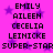 Pixelated text list on pink background with purple stars, showing names and 'super-star' repeated in two identical vertical