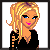 Pixel art of a blonde woman in black dress with striped shoes and handbag, showing three sequential poses including walking, sitting, and text display.