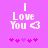 Pixelated text 'I Love You' with a heart symbol on a purple background, accompanied by small pink star-like shapes below.