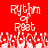 Red background with white pixelated text 'Rhythm of Feet' and a of dancing feet below, displayed in two identical side-by-side