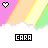 Pixelated icon with pink, orange, yellow, and green diagonal stripes above a white cloud-like base; heart symbol changes color while text below shifts between black-and-white, purple, and multicolor.