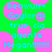 Pixelated text in cyan on pink circular shapes against a bright green background, repeating phrases like 'Beowulf+', 'Gaylord=', 'true cia', 'agents', and 'Megan!!!!!!!!' across multiple instances.