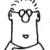 Pixelated black-and-white stick figure icon with rounded head, glasses, and simple facial features on white background.