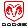 Red shield-shaped icon with stylized ram's head in center and black text 'DODGE' below on white background.