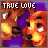 Animated icon featuring two cartoon dogs with orange fur and purple backgrounds, displaying text 'TRUE LOVE' at top and changing symbols below.