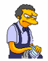 Yellow-skinned cartoon character with gray hair, wearing light blue shirt and dark blue overalls, holding a striped object.