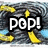 Animated sequence showing explosive text effects over a swirling gray and blue background with yellow crescent shapes.